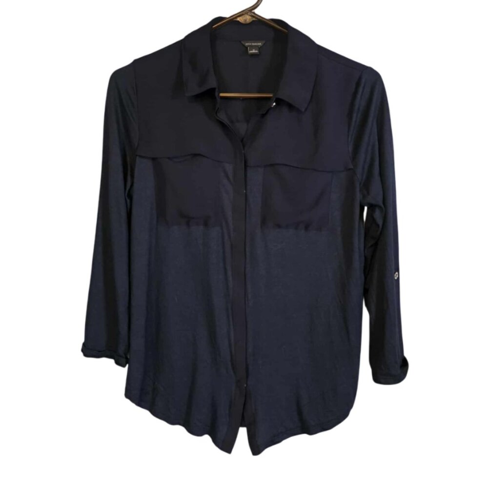 EUC Ann Taylor Navy Button Down Blouse with Roll Up Sleeves